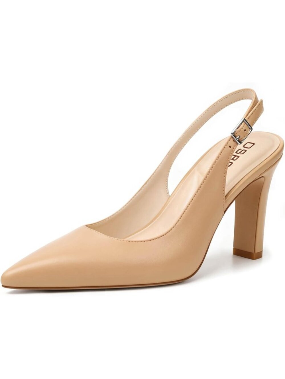 Women's Nude Slingback Chunky Block Heel Pointed Toe With Adjustable Strap Shoe